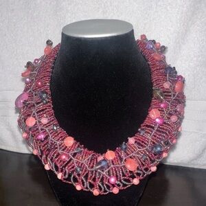 Statement Pink Beaded Collar Necklace — Bold Layered Design